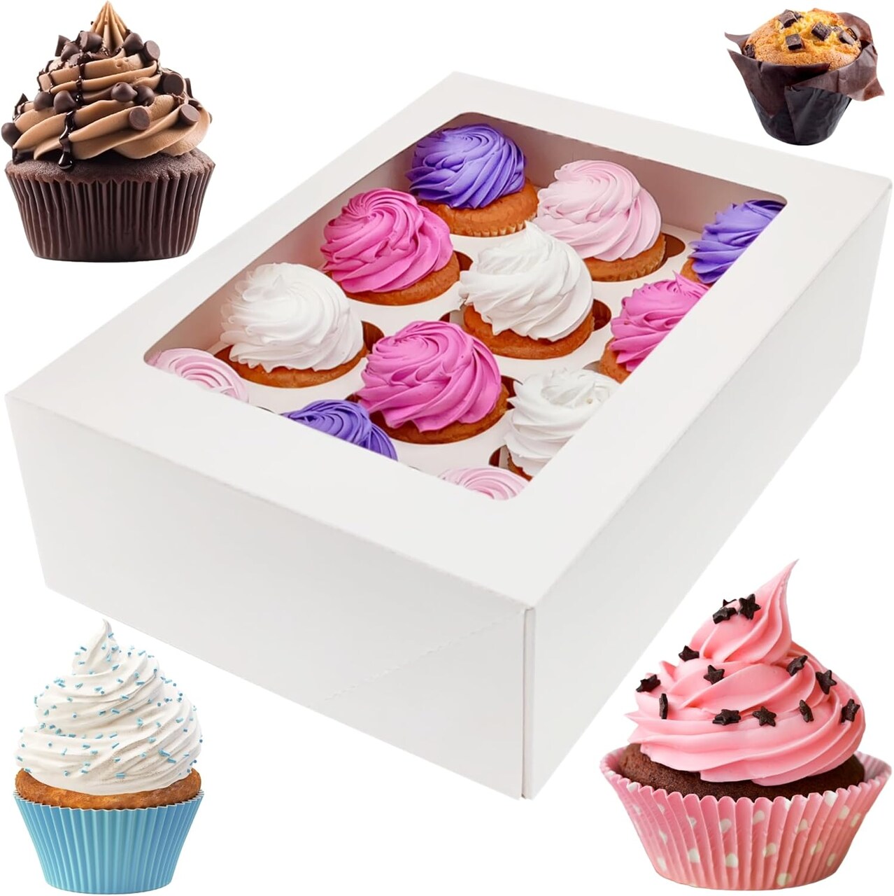 White 12 Cupcake Boxes, Cupcake Containers | 13x9.5x4, 25 Pack | 12 Cupcake Box Bulk, Cupcake Boxes 12 Count Carrier, Option to 14x10x4 Bakery Boxes with Window, ¼ Sheet Cake Box 13x9 Inches